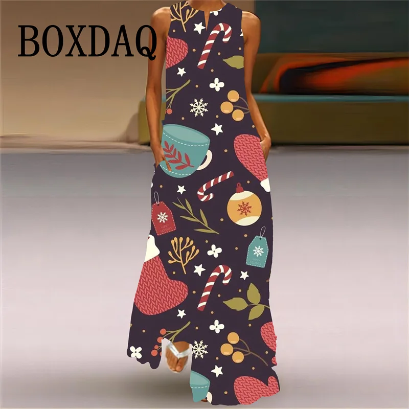Colorful Christmas Flowers Women Dress Elegant Casual Sleeveless V-neck Pocket Long Dress Spring Summer New Christmas Party Robe
