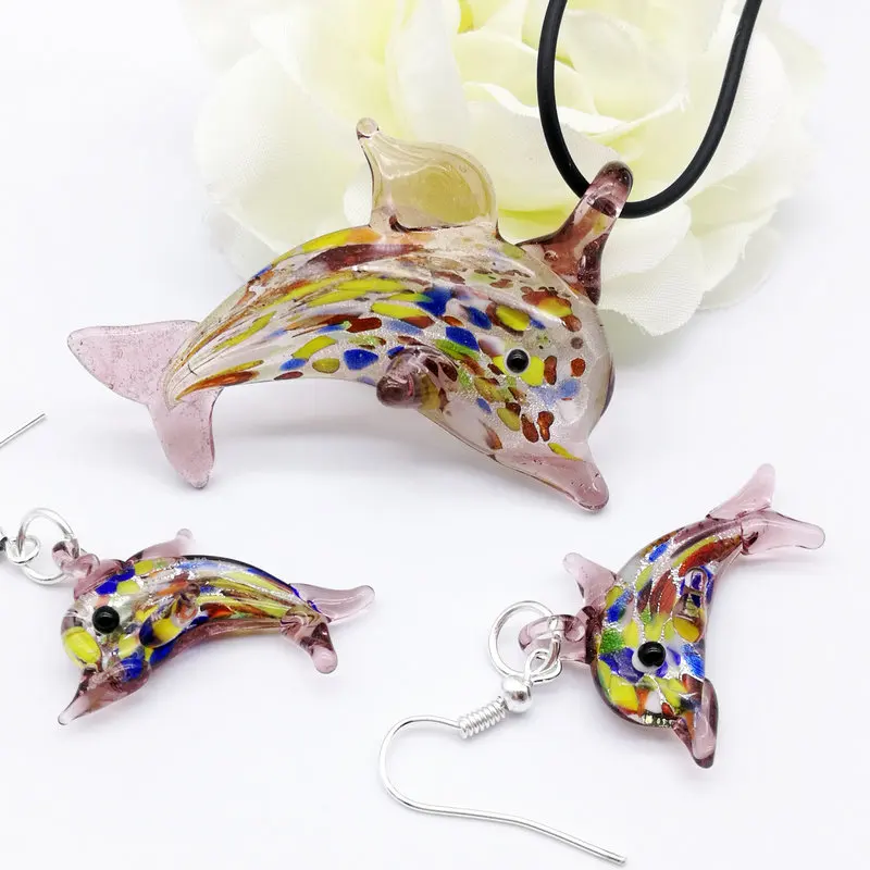 1Set Fashion Blue dolphin Shape Lampwork Pendant Necklace Earrings For Women Red Glass Murano Floral Cheap Items Jewelry Set