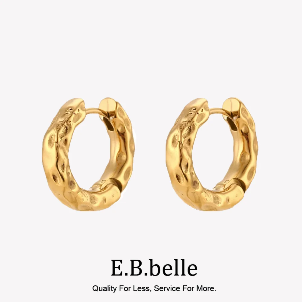E.B.belle 2 sizes Chunky Thin Hammered Gold Plated Hoop Earrings For Women Vintage Jewelry Stainless Steel aretes para mujer