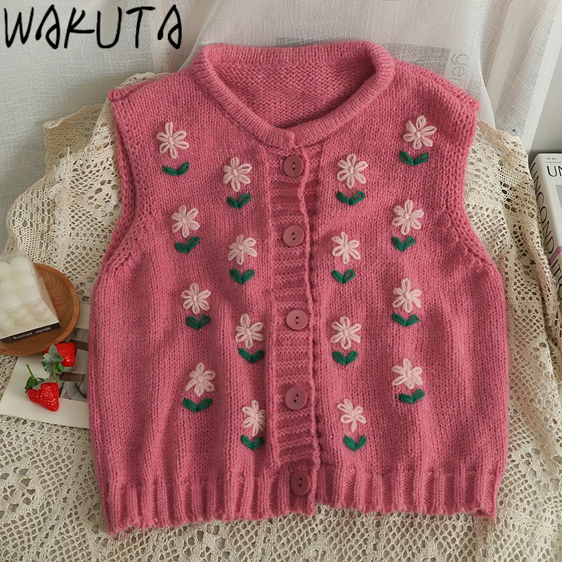 WAKUTA O collo ricamo maglione floreale gilet donna blu rosa Vintage dolce lavorato a maglia canotte monopetto senza maniche Cardigan