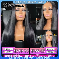 Wow Angel-Perruque sans colle noire de jais pour femme, fermeture à lacet HD, perruques de cheveux humains, pré-plumées, droites, prêtes à l'emploi, 5x5, 36 po