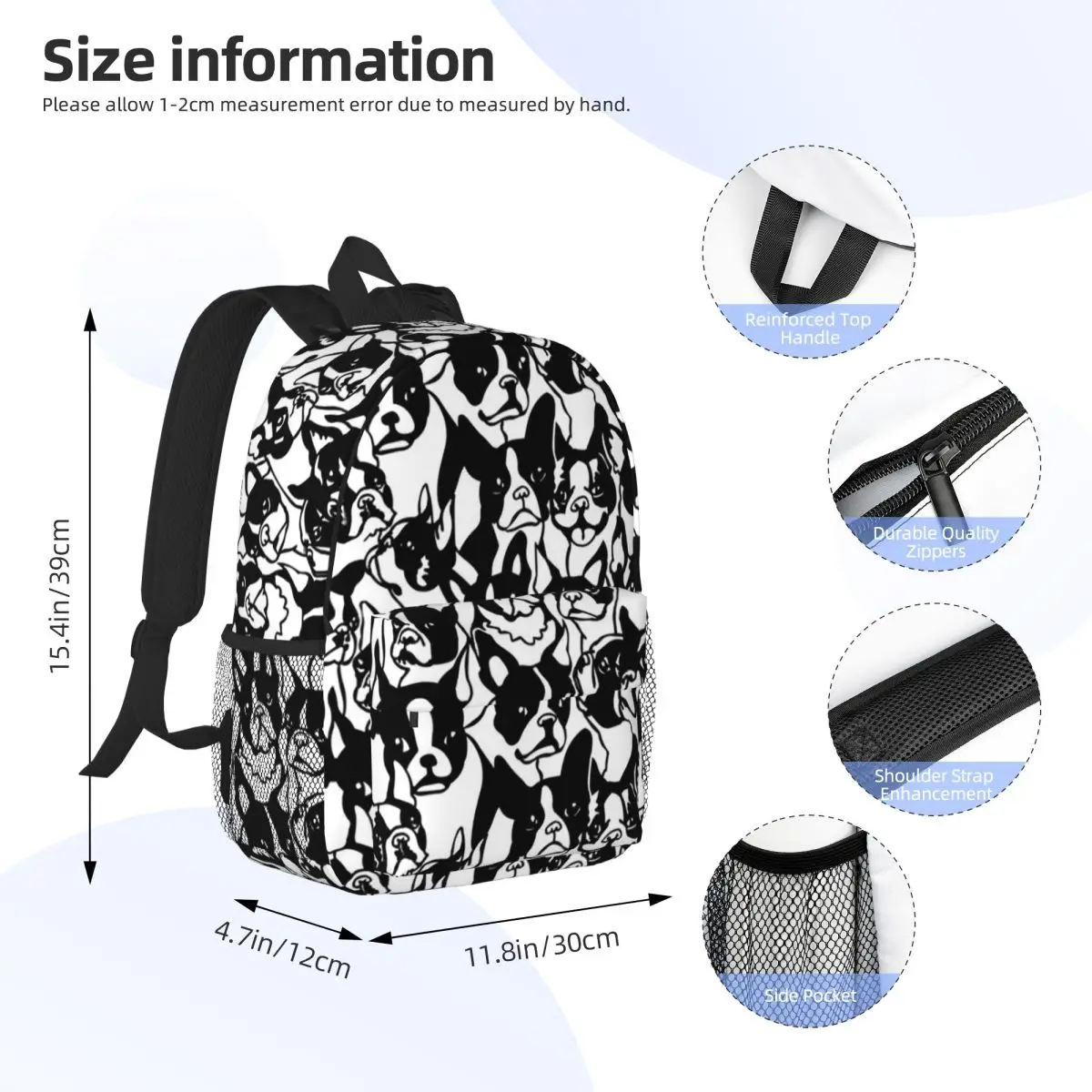 Boston Terrier Face Print Backpack Daypack Large Capacity Boys Girls BookBag Shoulder Bags for Men Women Children School Bag