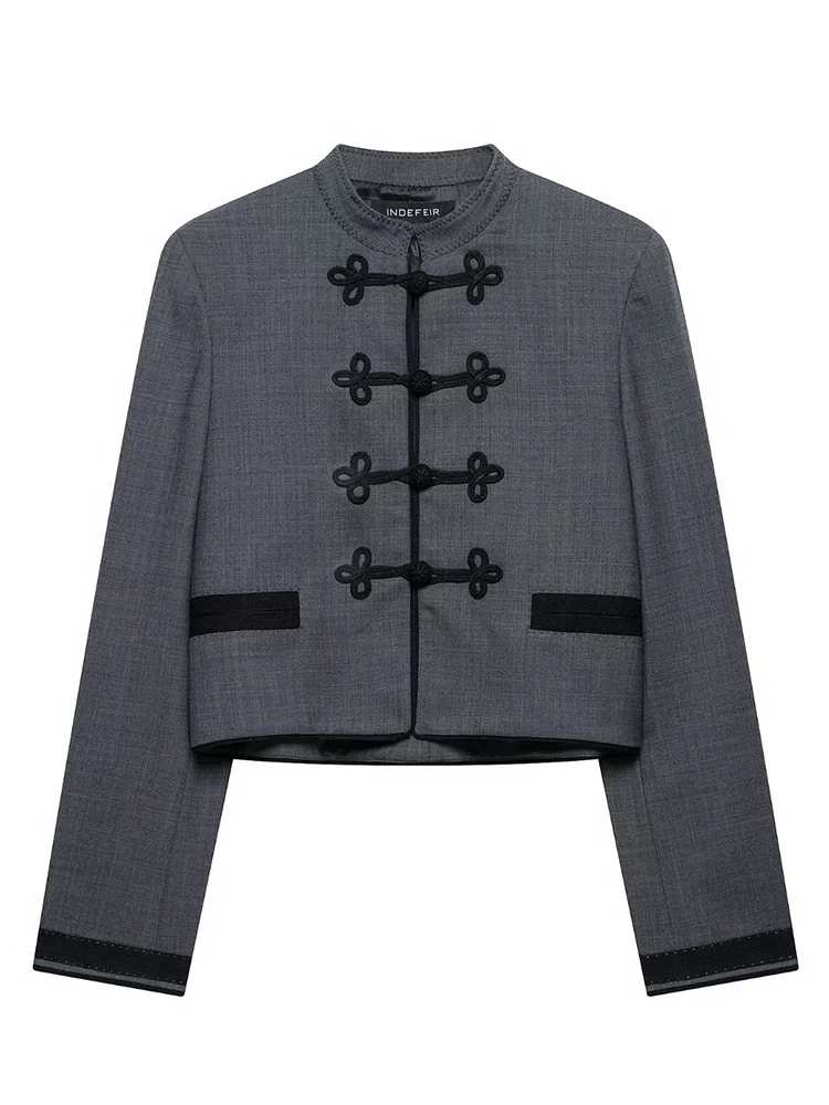 HH Fashion Military Style Cropped Blazer Women 2026 Elegant Spring Autumn Stand Collar Long Sleeve Knot Button Business Jacket