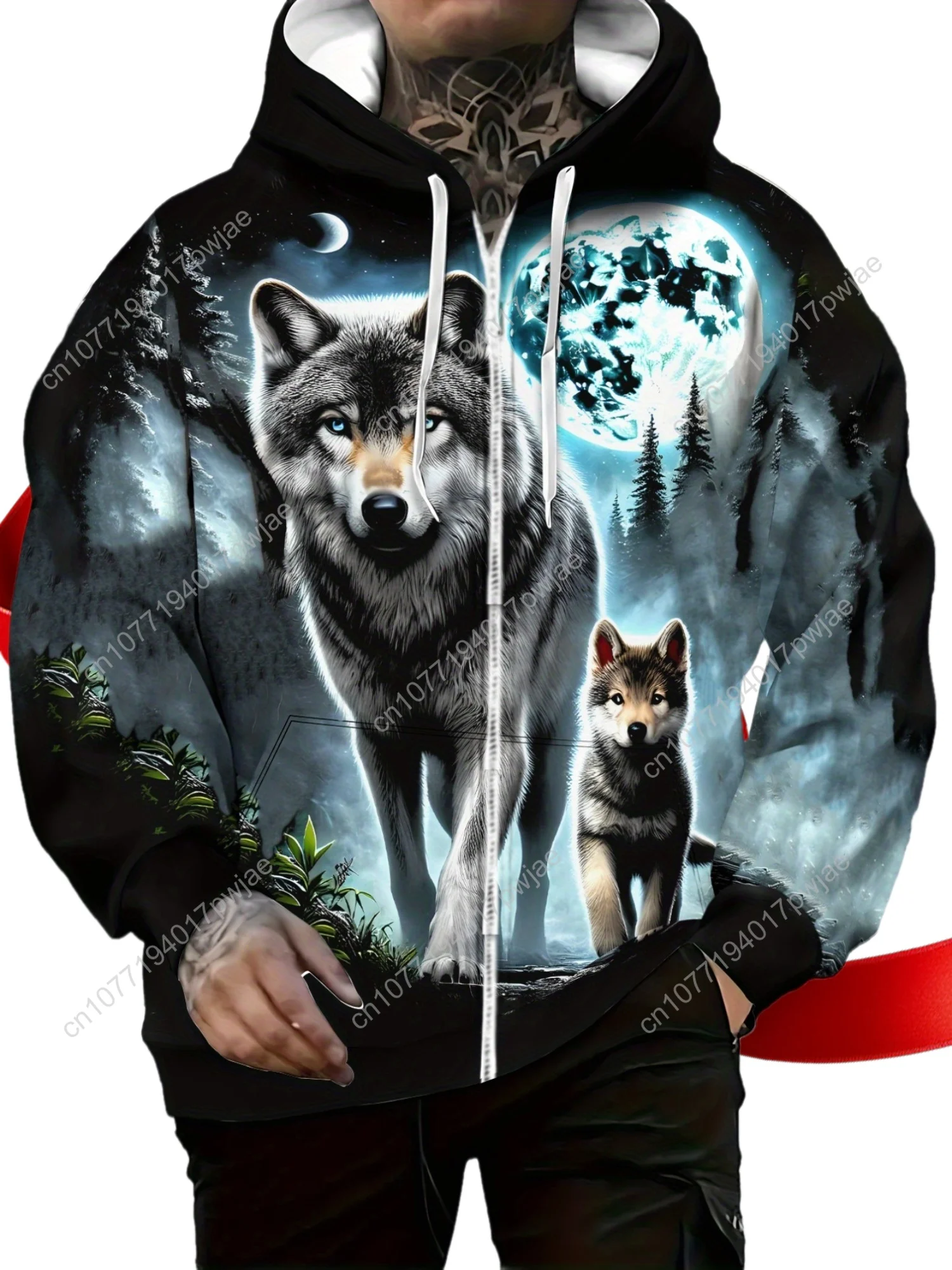 Мужская кепка на молнии с длинными рукавами, спортивная одежда, уютная толстовка с капюшоном для гостиной и волком, мягкая полиэфирная ткань, легкий и прочный