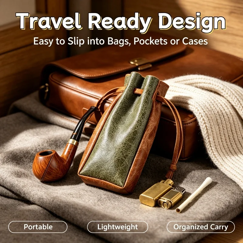 Portable Drawstring Crack Leather Pipe Storage Bag Mini Tobacco Pipe Carry Case for Camping Outdoor Daily Smoking Kit Storage