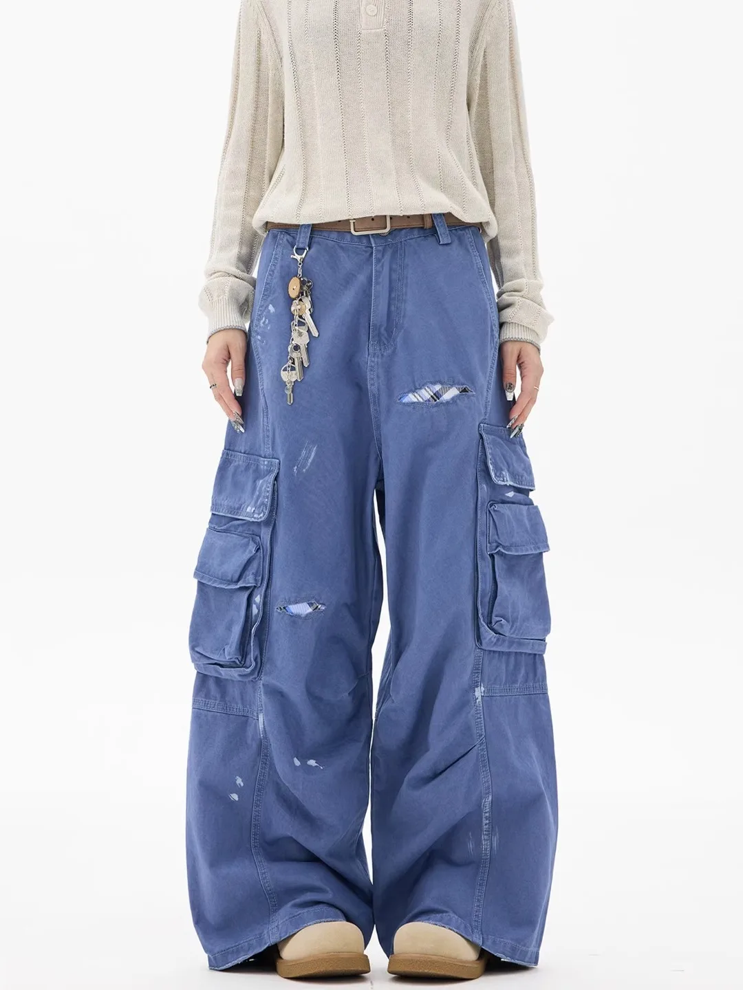 

Американские ретро-брюки в рабочем стиле с множеством карманов, плотные, свободного кроя, широкие штанины, в пол, модные, для мужчин и женщин, дизайнерские, C...