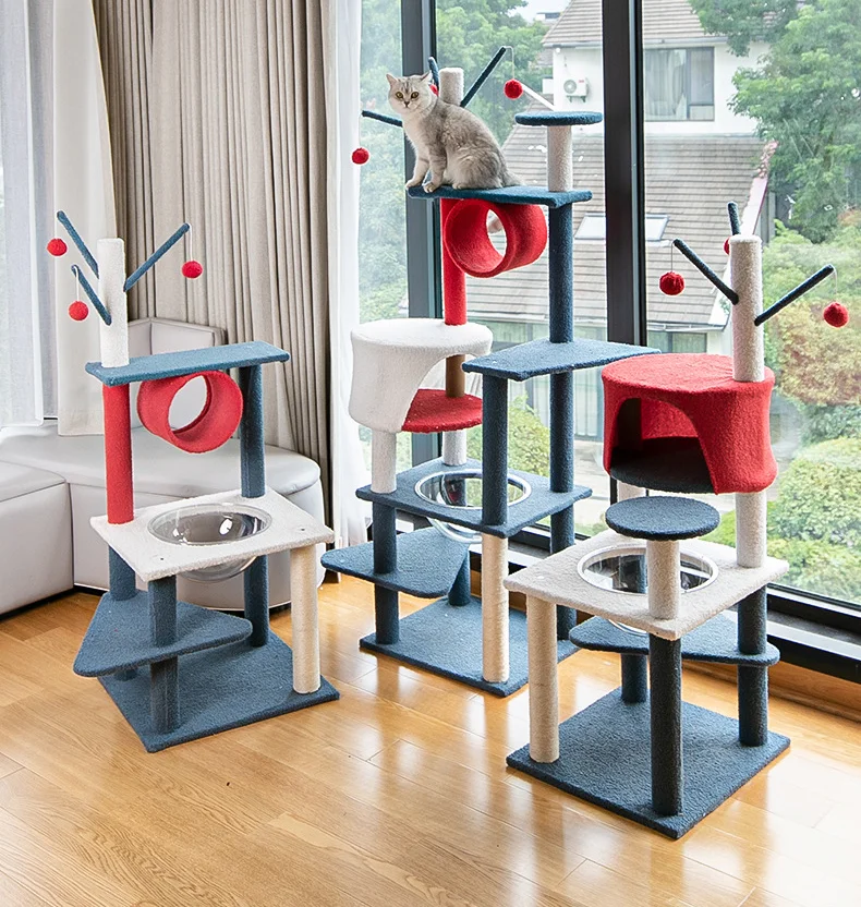 

Luxury Colorful Indoor Cat Tree Tower Sisal Post Multi Level Plush Cat Climbing Shelf MDF Plywood Pet Furniture Condo