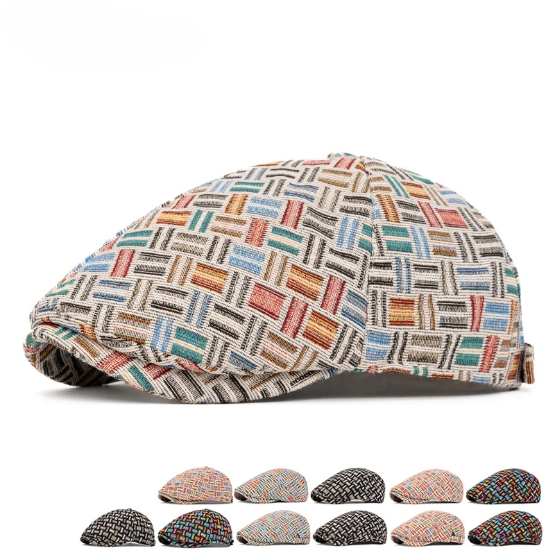 

Vintage Artsy Berets for Women British Style Colorful Jacquard Adjustable Strap Caps for Ladies