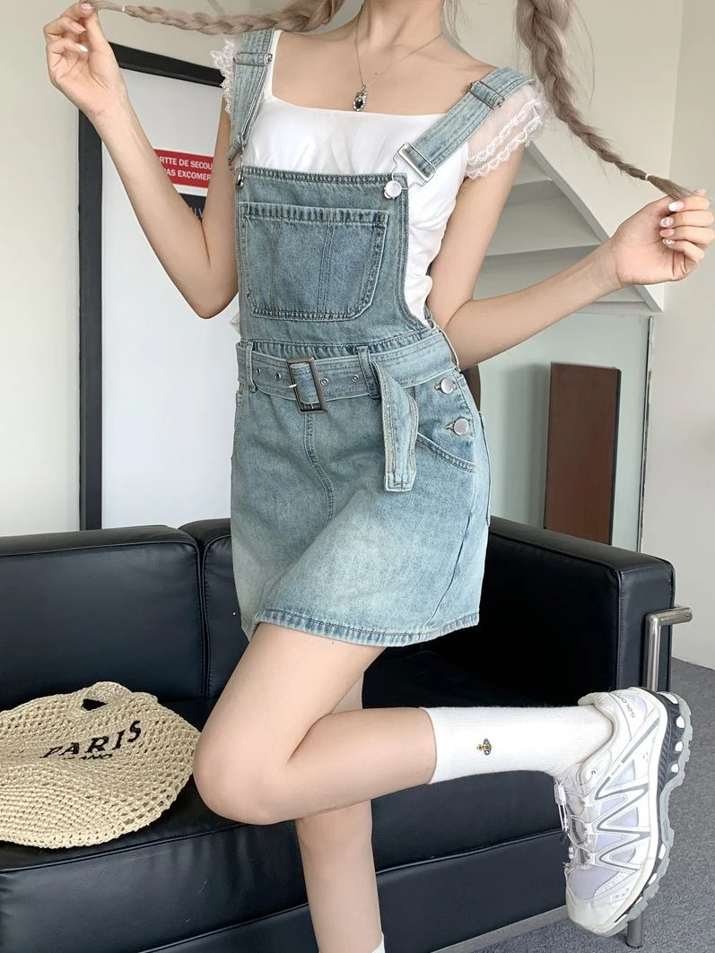 Hong Kong style retro high-waisted denim strappy skirt female summer new waist thin versatile loose cover meat A-line skirt