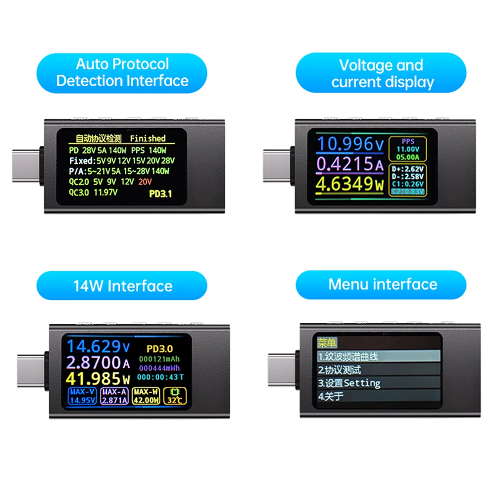 

USB Tester Voltmeter Ammeter TYPE-C Fast Charge Detection Trigger Capacity Tester Ripple Measurement Detector 4V-30V 0V-12A