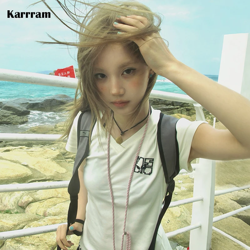 Karrram Japanese Y2k V-neck Tops 2000s Style Embroidered White T-shirt Vintage Harajuku Short Sleeve Tee Shirt American Retro