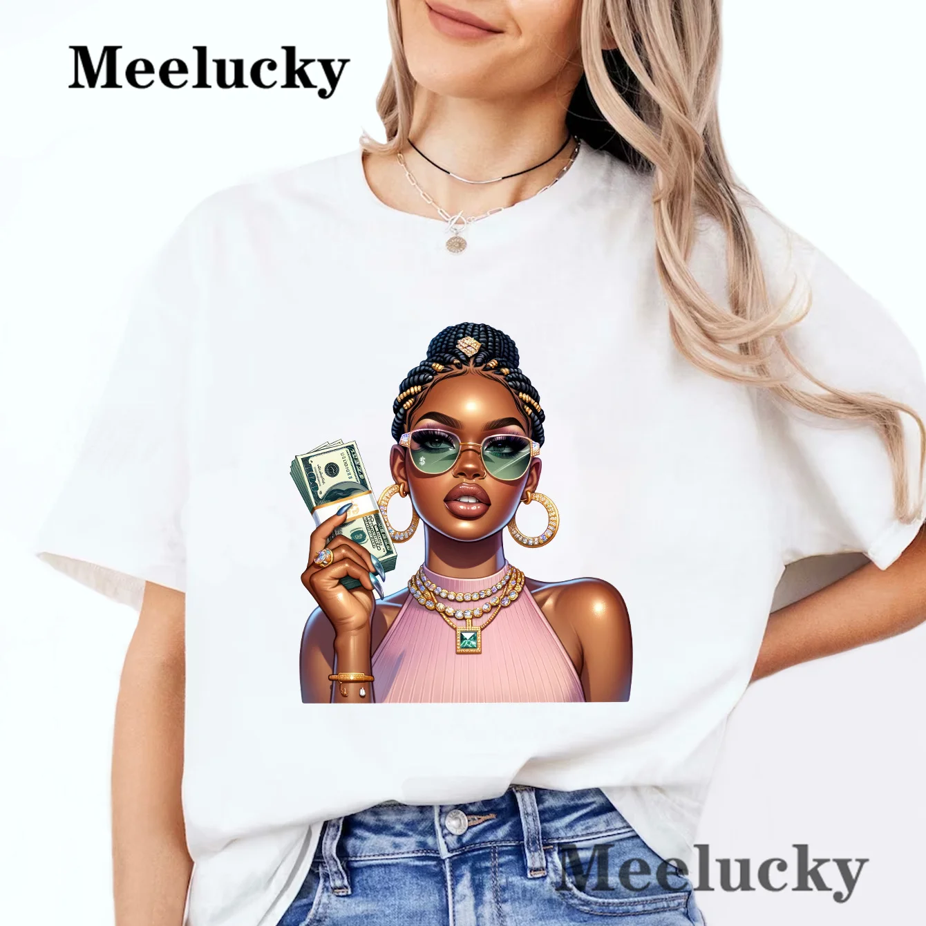 Wealthy Black Girl Print T Shirt Women Graphic Shirts Casual 100%Cotton Short Sleeve Female Tee O-neck Retro Style Tops