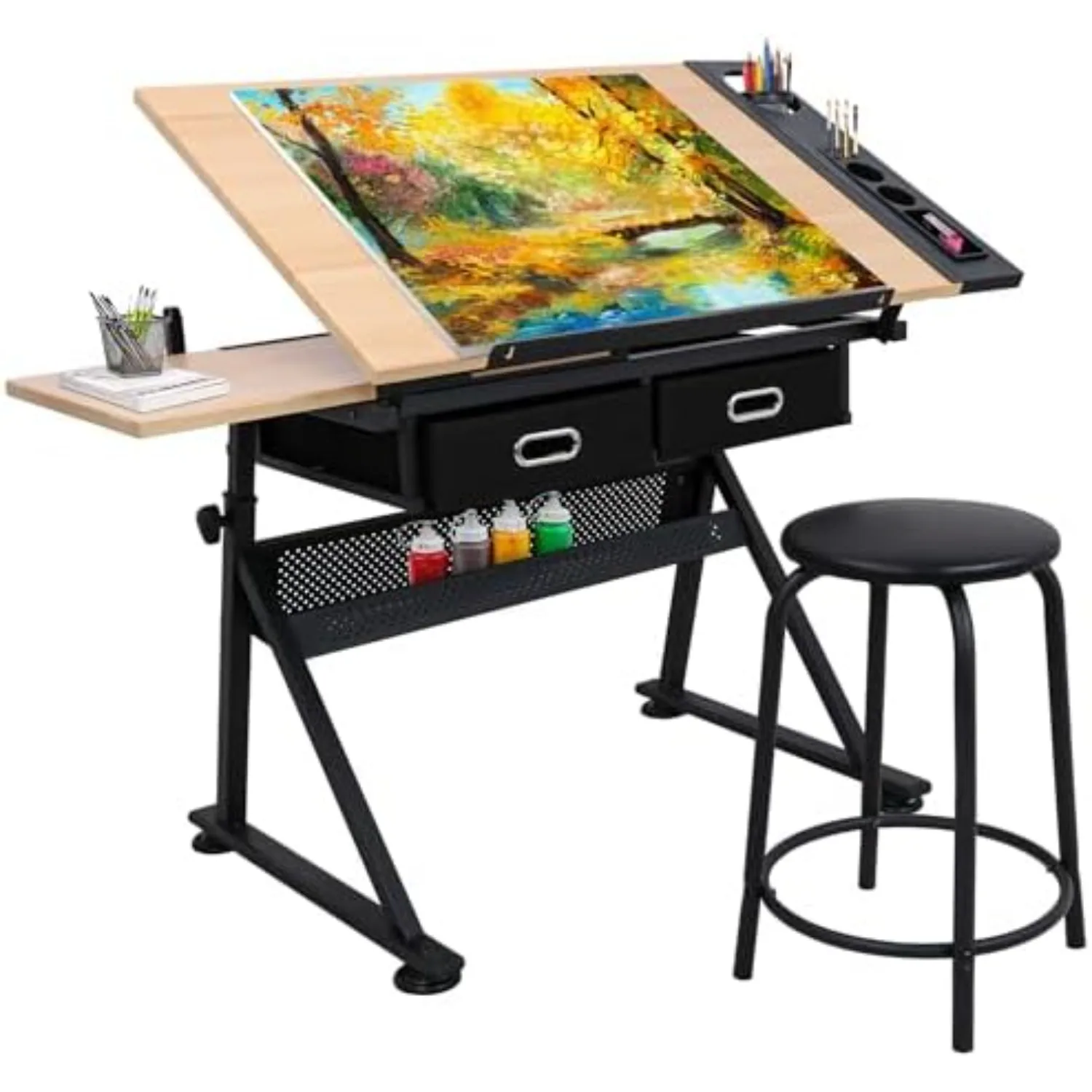 Adjustable Height Drafting Desk Drawing Table Tiltable Tabletop for Reading, Writing Art Craft w/Stool and Drawers