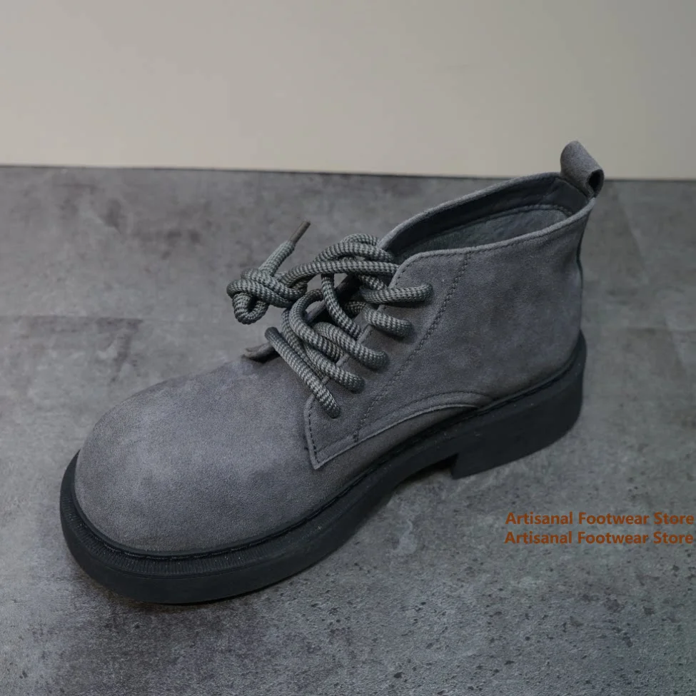 Block Heel Ankle Boots - Gray Suede Platform Ankle Boots Round