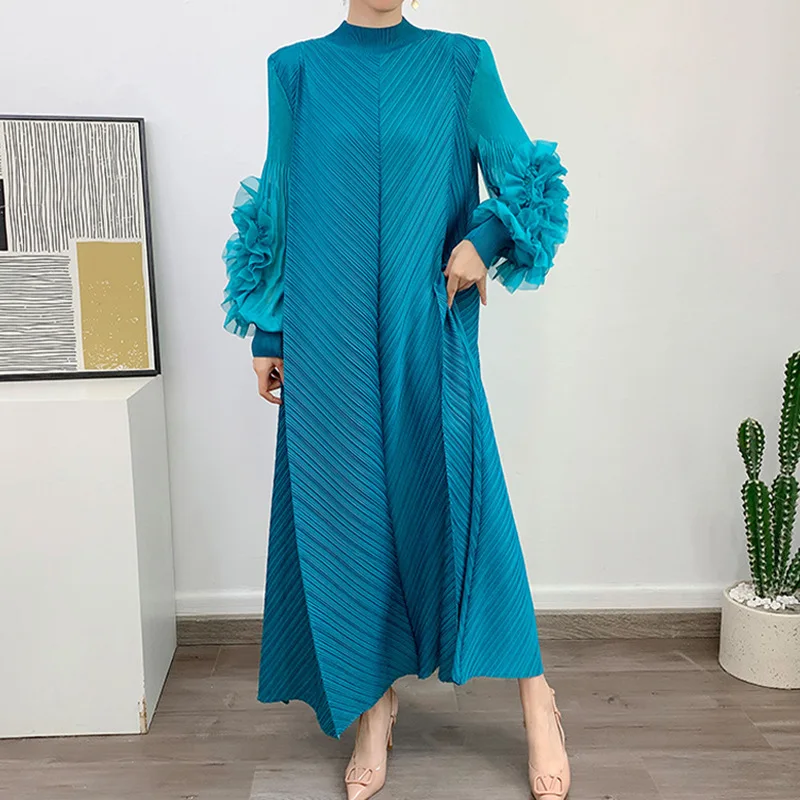 Miyake Pleated Maxi Long Dress Mesh Petal Sleeve Half Turtleneck Formal Dresses for Women 2024 New Birthday Dress for Women