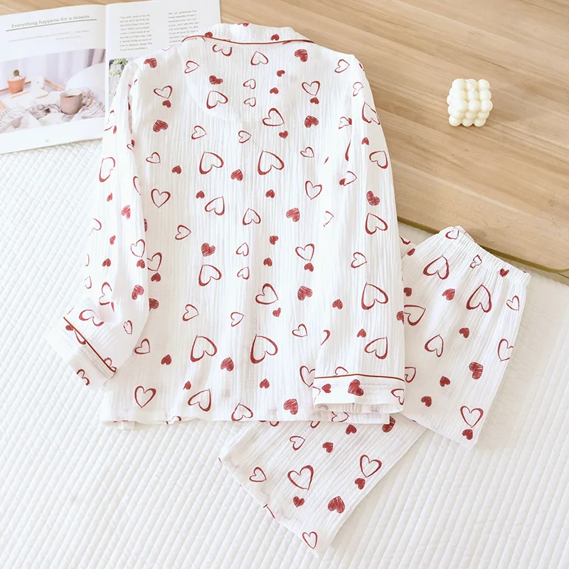 2026 New Japanese Women's Spring and Autumn Pajama Set 100% Cotton Crepe Collar Love Long Sleeve Pants Fresh Home Two Piece Set