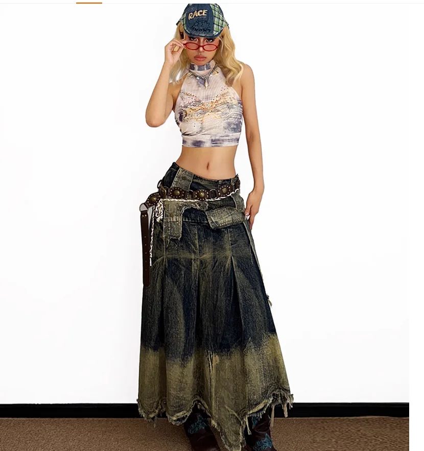 Summer retro vintage distressed denim skirt women's style wasteland style spicy girl irregular A-line skirt