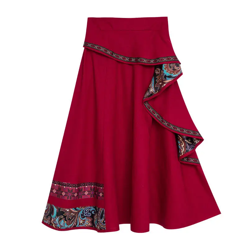 Chinesischen Stil Ethnische Vintage Frauen Lange Farbe Große Schaukel Röcke 2022 Neue Harajuku Asymmetrie Spleißen Faldas Jupe Longue Femme