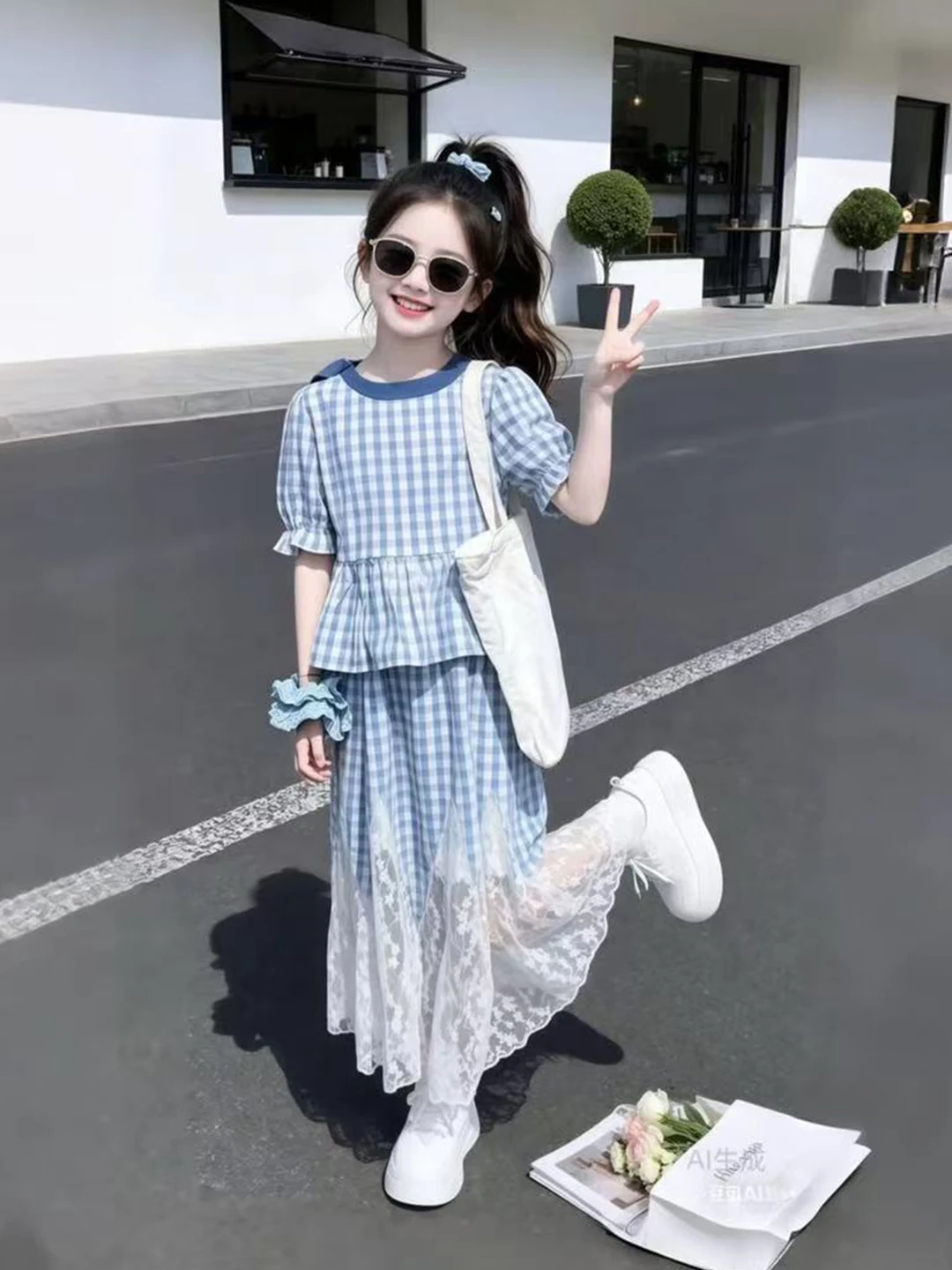 girls-plaid-lace-splice-summer-skirt-set-short-sleeve-beautiful-two-piece-outfit-casual-style-machine-washable-non-henley-clo