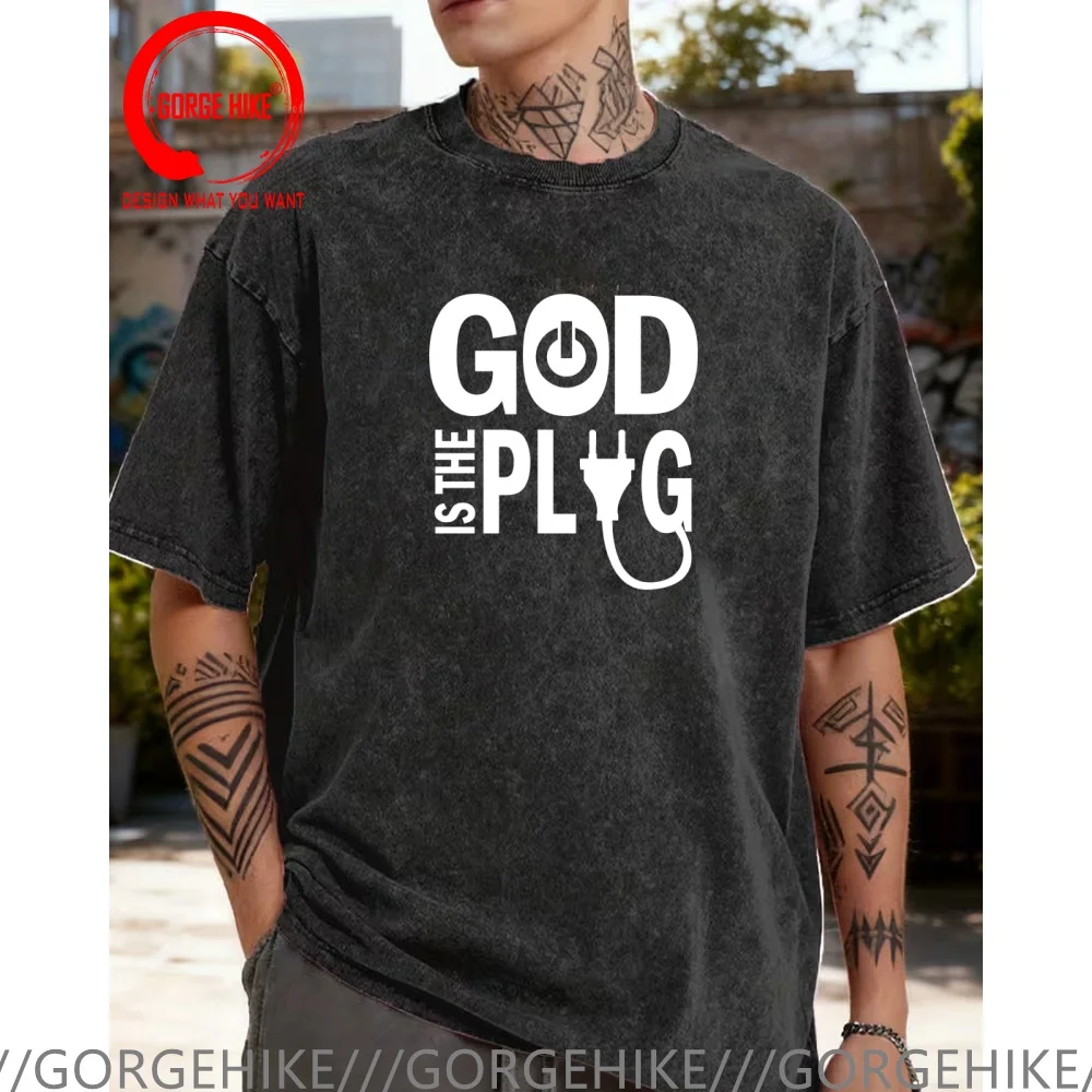 

Vintage Washed Cotton T-Shirt Funny Designer God Is The Plug Jesus T Shirt Men Fashion Trendy Casual Clothing Stylish Tops Tees