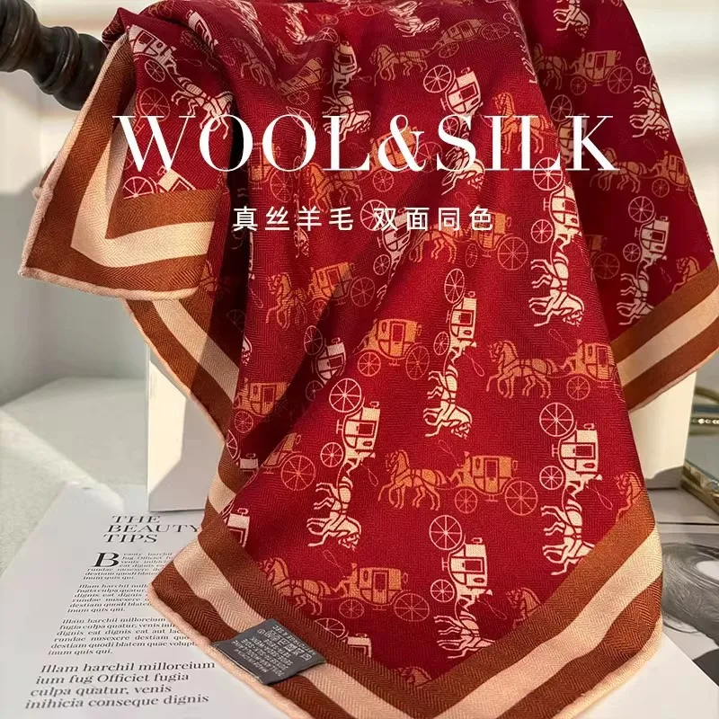 

Винтажный роскошный шарф из шелка и шерсти с принтом лошади, красный, для женщин, 2026, подарок для мамы, дамы