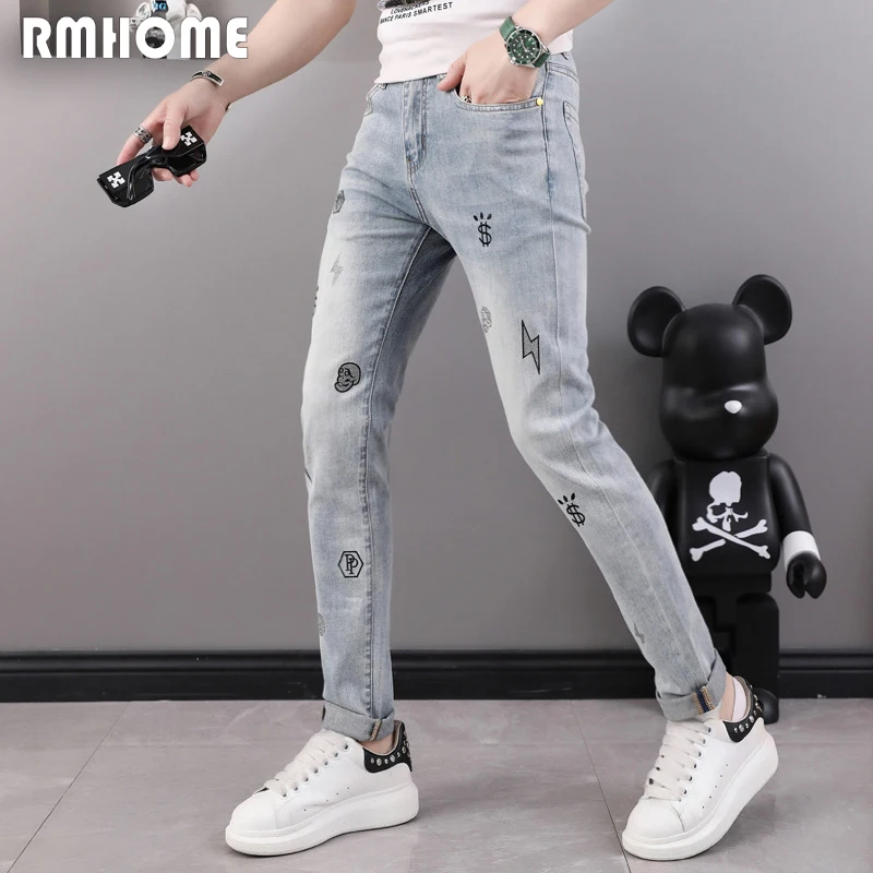 New Trend Men Jeans Embroidered Rhinestone Fashion Design Man Pencil Pants Slim Fit High quality Versatile Trousers Denim Pants