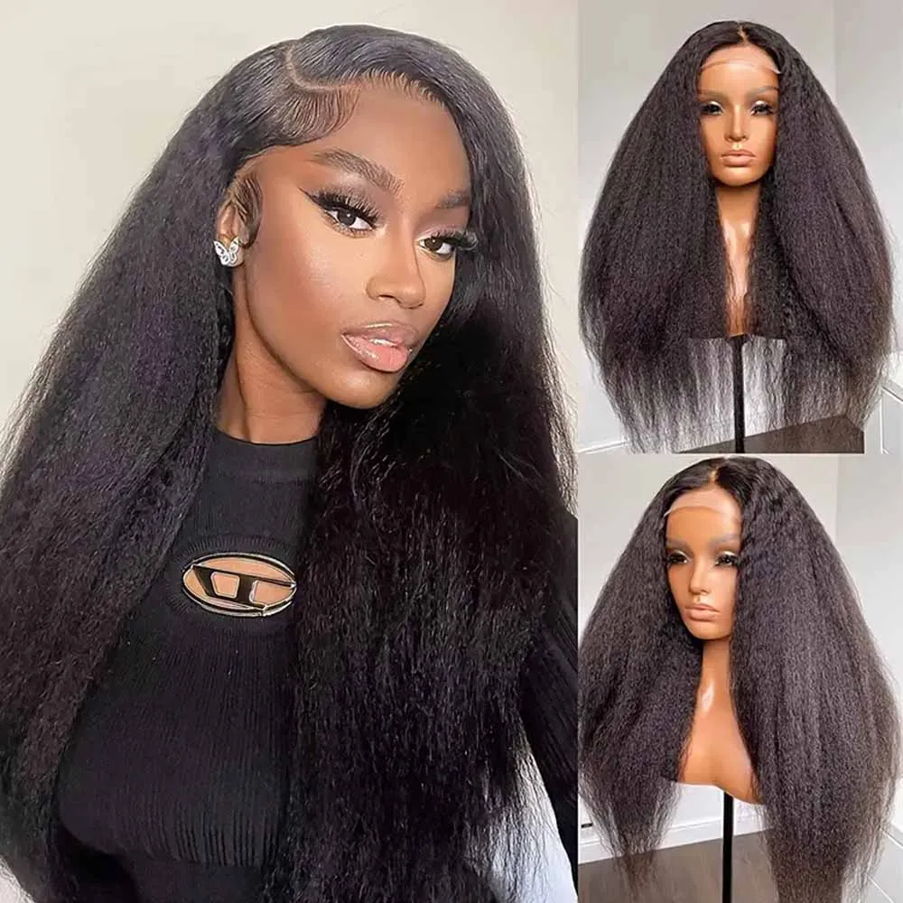 13x4 Kinky Straight Lace Front Human Hair Wig With Kinky Edges Baby Hair Glueless Yaki Straight HD Lace Frontal Wig 250% Denisty image 3