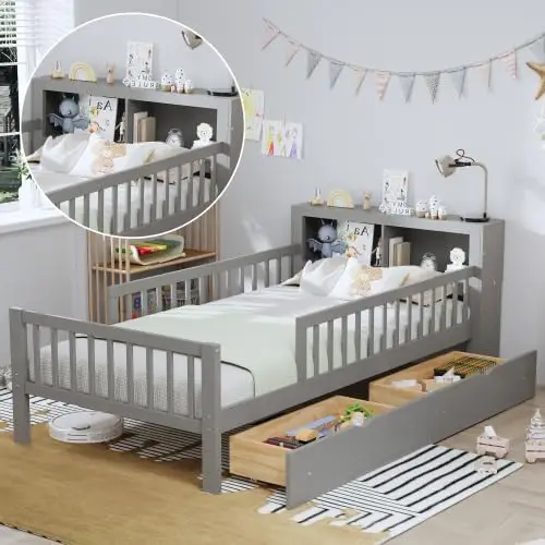 Kids Platform Bed with Storage Headboard, Twin Size Kids Bed with 2 Under-Bed Drawers and 3-Side Guardrails (Grey)