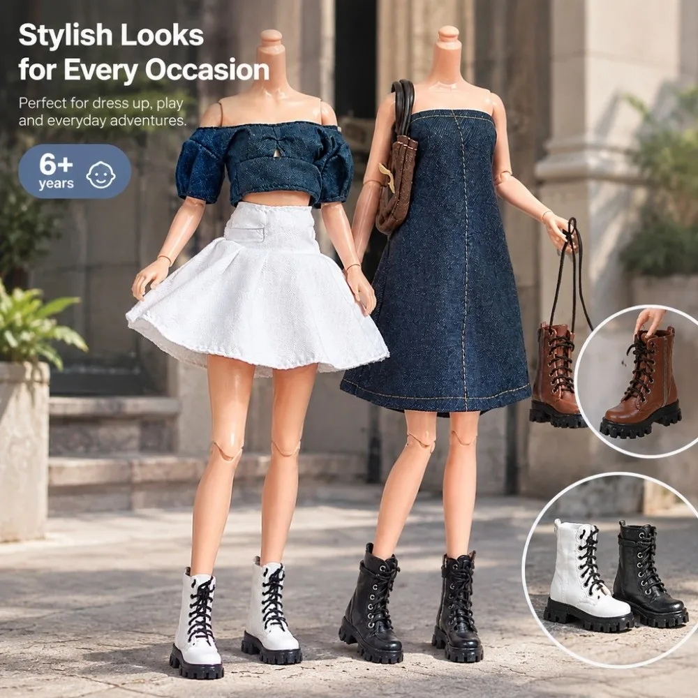 Fashion 1/6 BJD Doll Shoes Jeans Dress Accessories Multistyles PU Leather Versatile Vintage Boots Pleated Skirt Tops Set