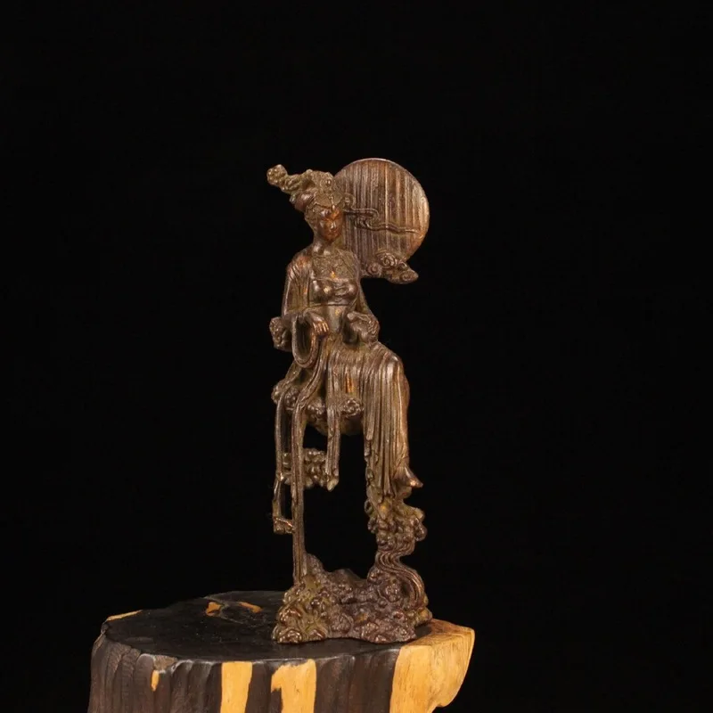 Antiqued copper Chang'e figurine, Chinese-style living room decoration, lady's collectible handicraft, aged patina gift