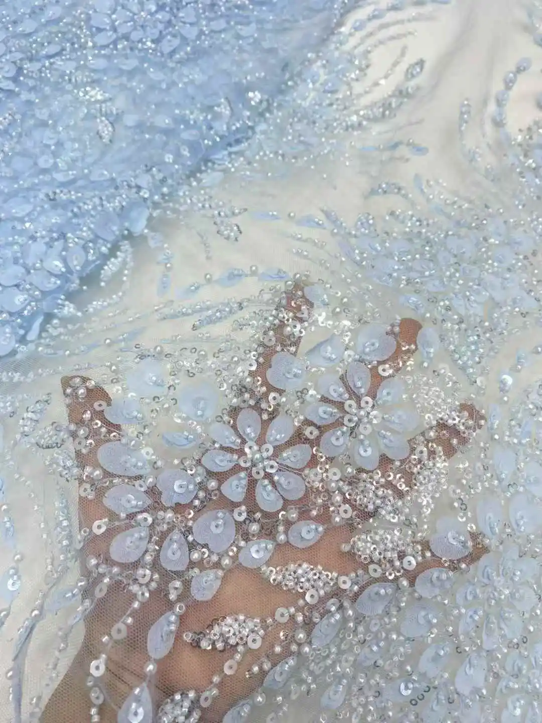 

Wholesale High Quality African French Beaded Lace Fabric 2025 Sewing Sequins Embroidery Nigeria Lace Fabric for Party Dresses