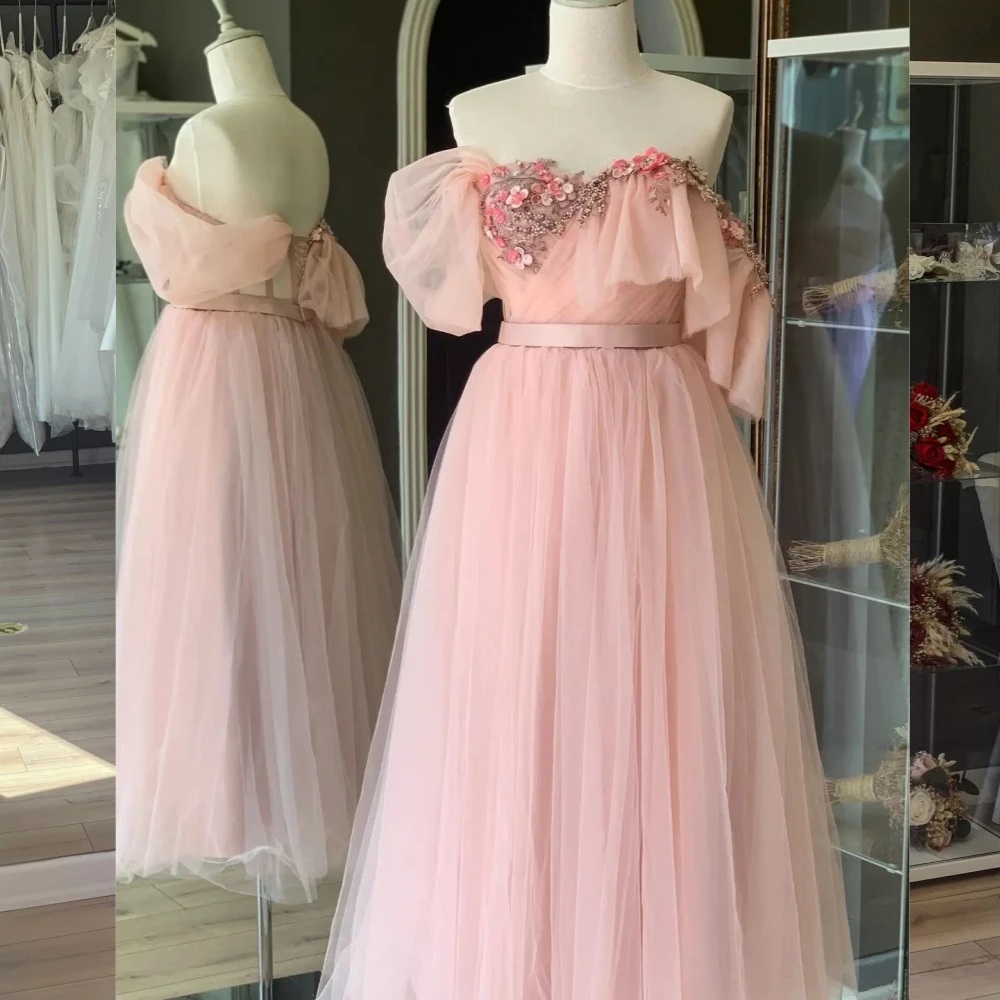 Robe de Noël plissée avec appliques en tulle, épaules dénudées, robes mi-longues, occasion sur mesure, A-ligne