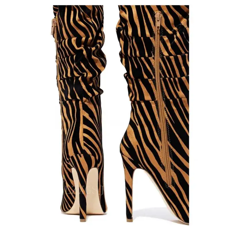 Ruched Tiger Stiletto Knee Boots Leopard Print Pointed Toe High Heels Women\'s Boots Lady Catwalk Shoes