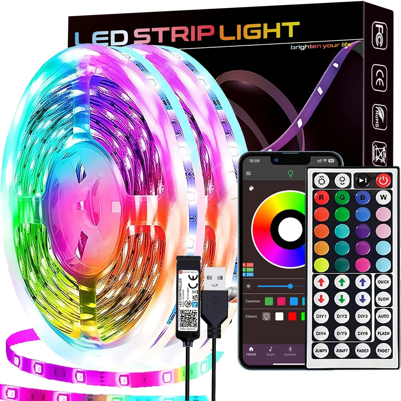 

RGB USB LED Strip APP Control with 44 Key Remote Control Music Sync Suitable for Living Room, Kitchen, Esports Decoration Night