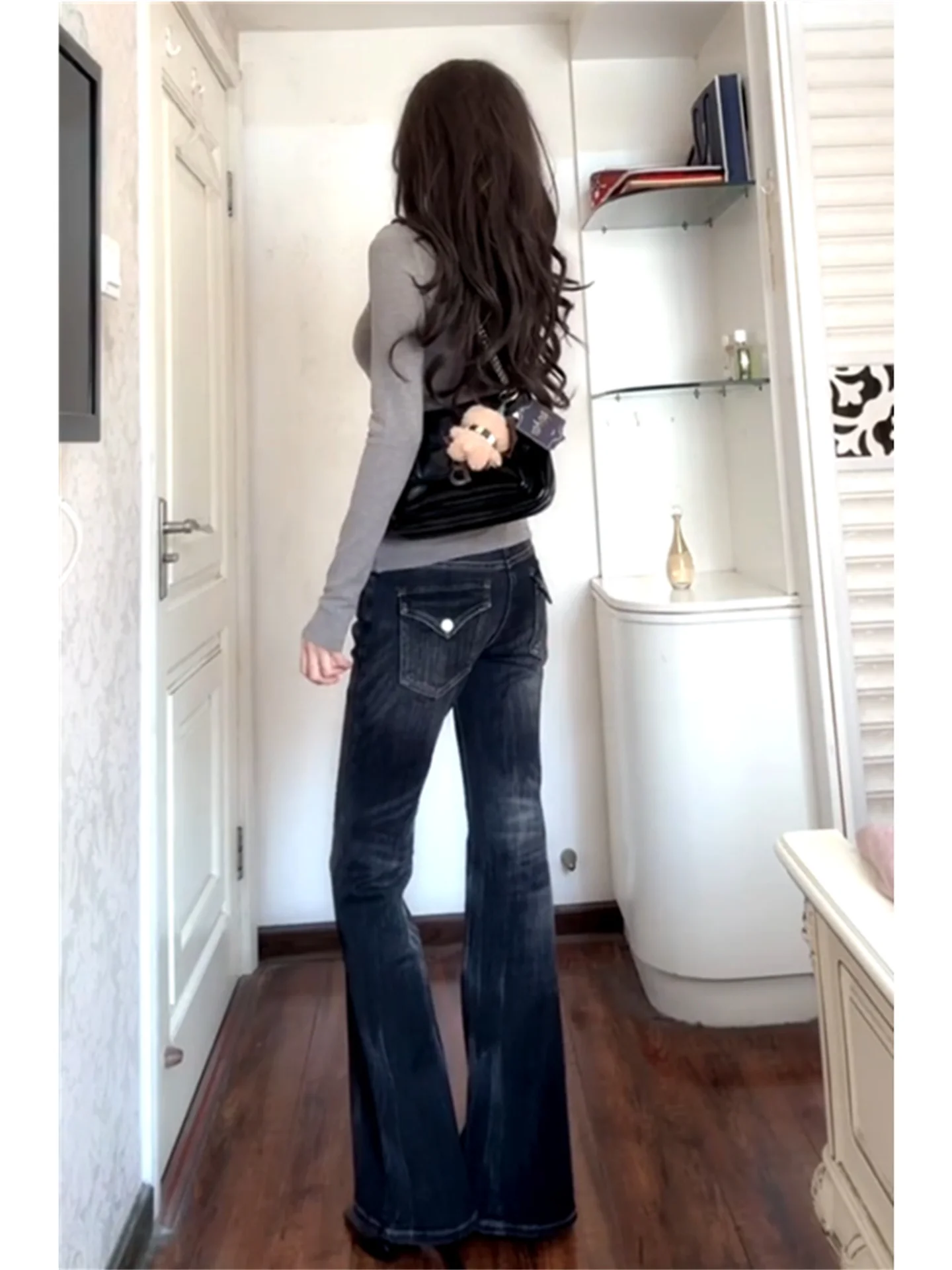 

Retro American Black Bell Bottom Jeans Women's Low Waist Spicy Girl Slimming Design Spring Autumn Cotton Denim