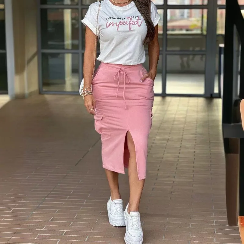 

Heart Perfectly Imperfect Print Top & Slit Pocket Design Skirt Set Women Short Sleeve T Shirt High Waist Skirt Clothes Suit