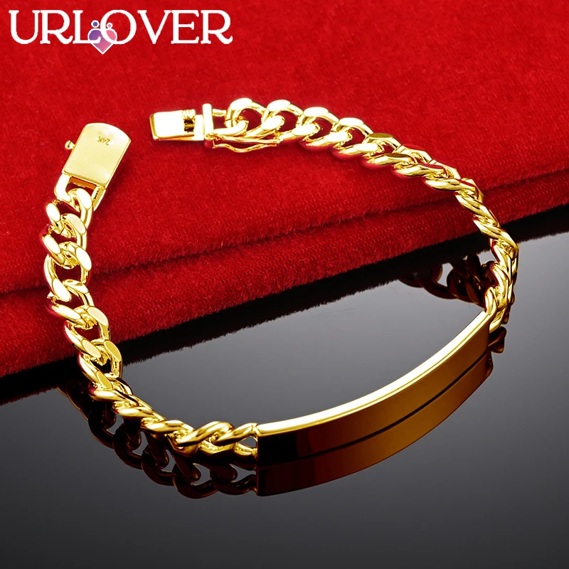 

URLOVER 24K Gold Bracelet For Woman Men 8mm Cuba Chain Curved Board Bracelets Fashion Party Wedding Engagement Jewelry Gifts