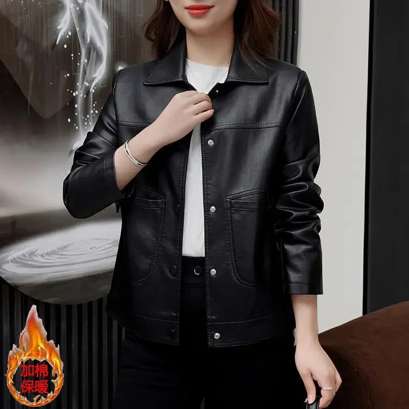 Ladies PU Motorcycle Coat Soft PU Leather Outwear Button Outfit Autumn Winter Fashion Short Female Jacket Black Leather Coat