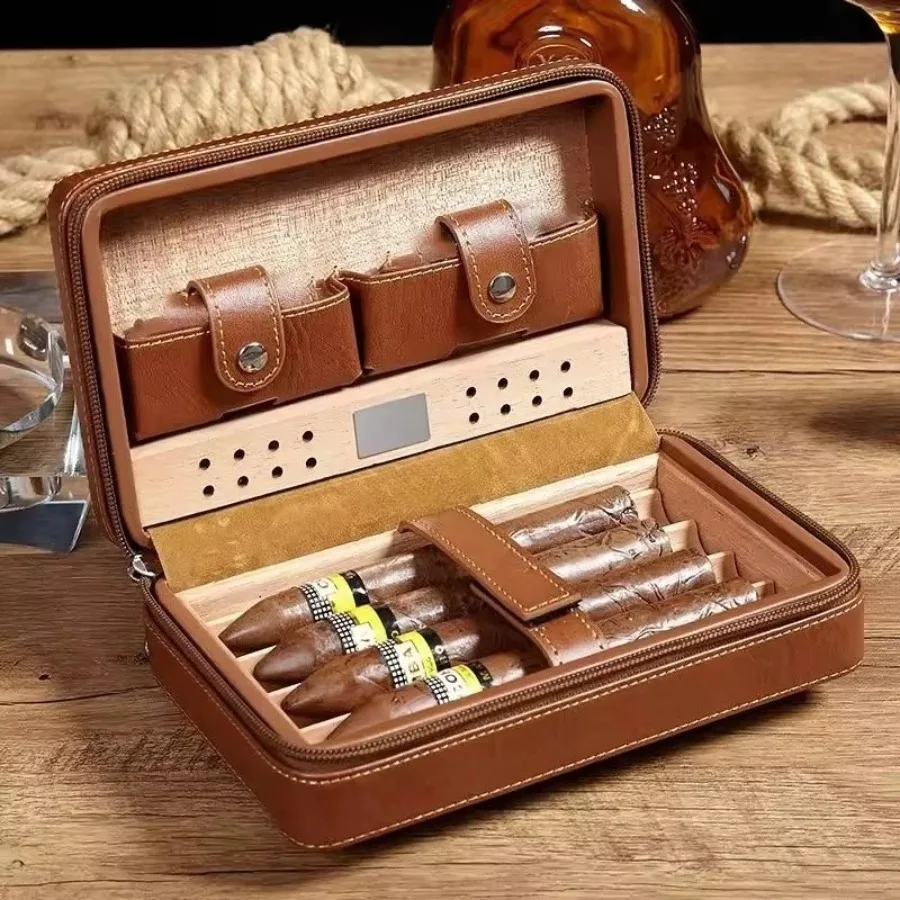 

Men's Leather Cigar Storage Box Portable Cedarwood Humidor for 4 Cigars Outdoor Travel Cigar Holder Accessories Male Gift