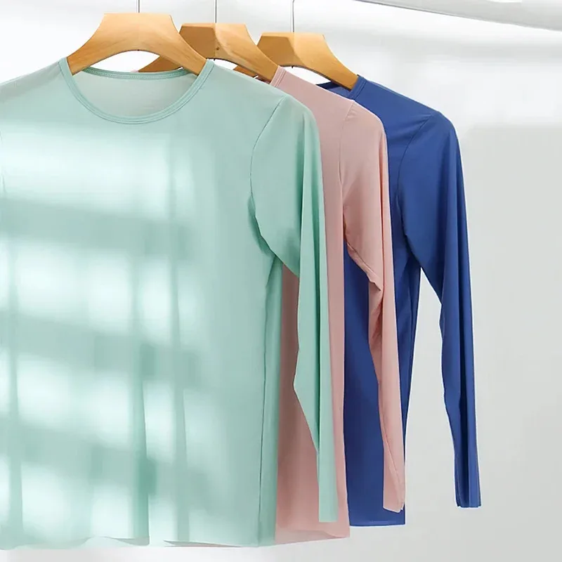 

Мужская супертонкая термобелье из ледяного шелка, однотонная прозрачная футболка с длинными рукавами, мужское нижнее белье, топ для холодной погоды