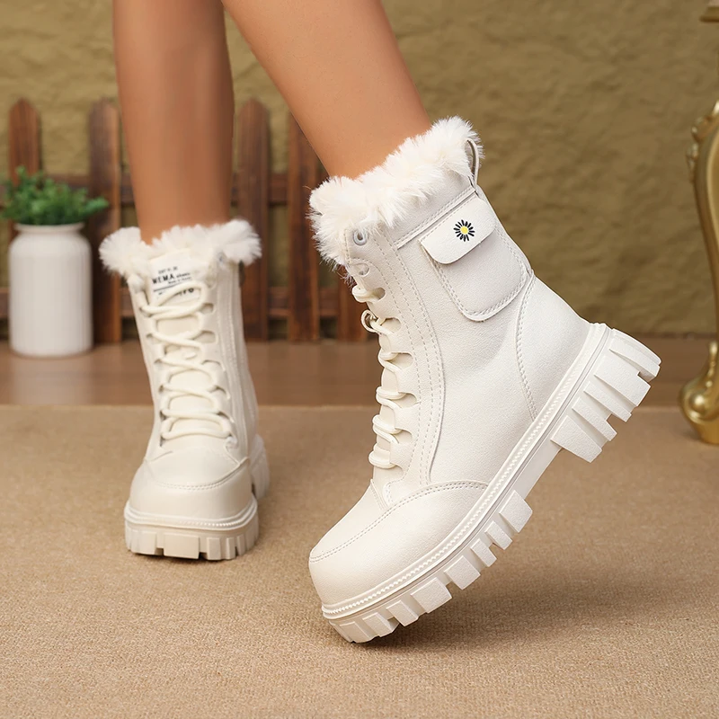 أحذية الثلوج النسائية الجديدة لشتاء 2025 بكعب عريض - نعل سميك، مبطن بالصوف، برباط وسحاب جانبي، أحذية منتصف الساق