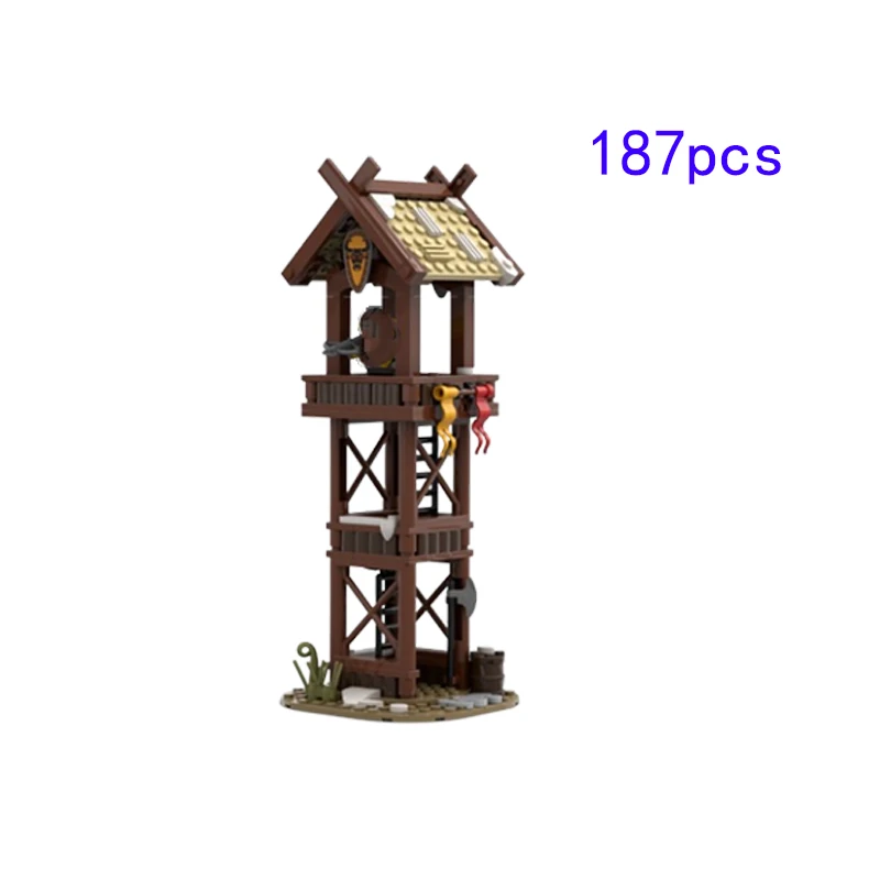 MOC Small Pieces Assembled Building Blocks Medieval Building Castle Viking Tower Archery Range Watchtower Tree Scene Toy Gifts