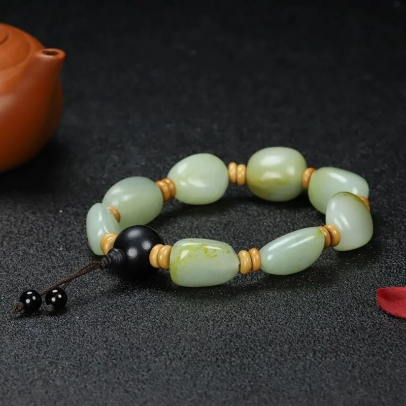 Hetian-pulsera de piedra rugosa, cuero de infusión rojo, Guijarro, Jade blanco