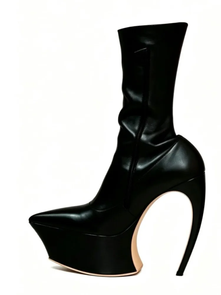 Ladies' Thick Soled Pointed Platform, High Heels, Short Boots, Party Runway, Sexy Fashion Boots, Autumn and Winter Leather Boots