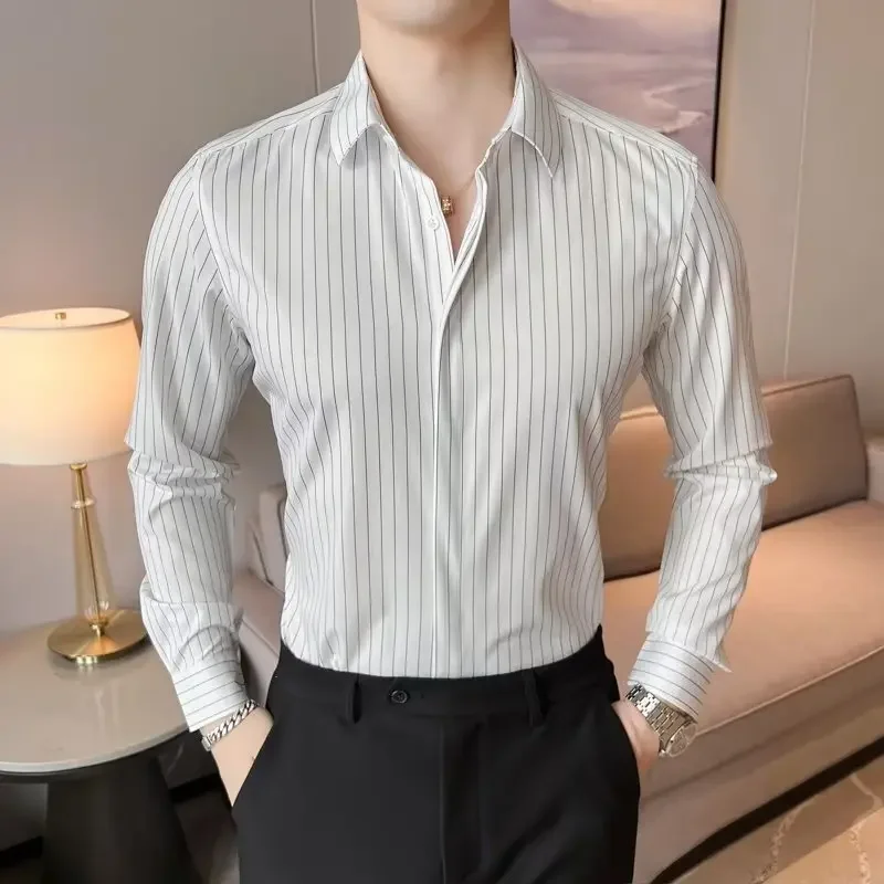 Korean Striped Business Casual Long Sleeved Shirt For Men Spring Autumn Fashion Slim Fit Elegant Social Men's Formal Shirt