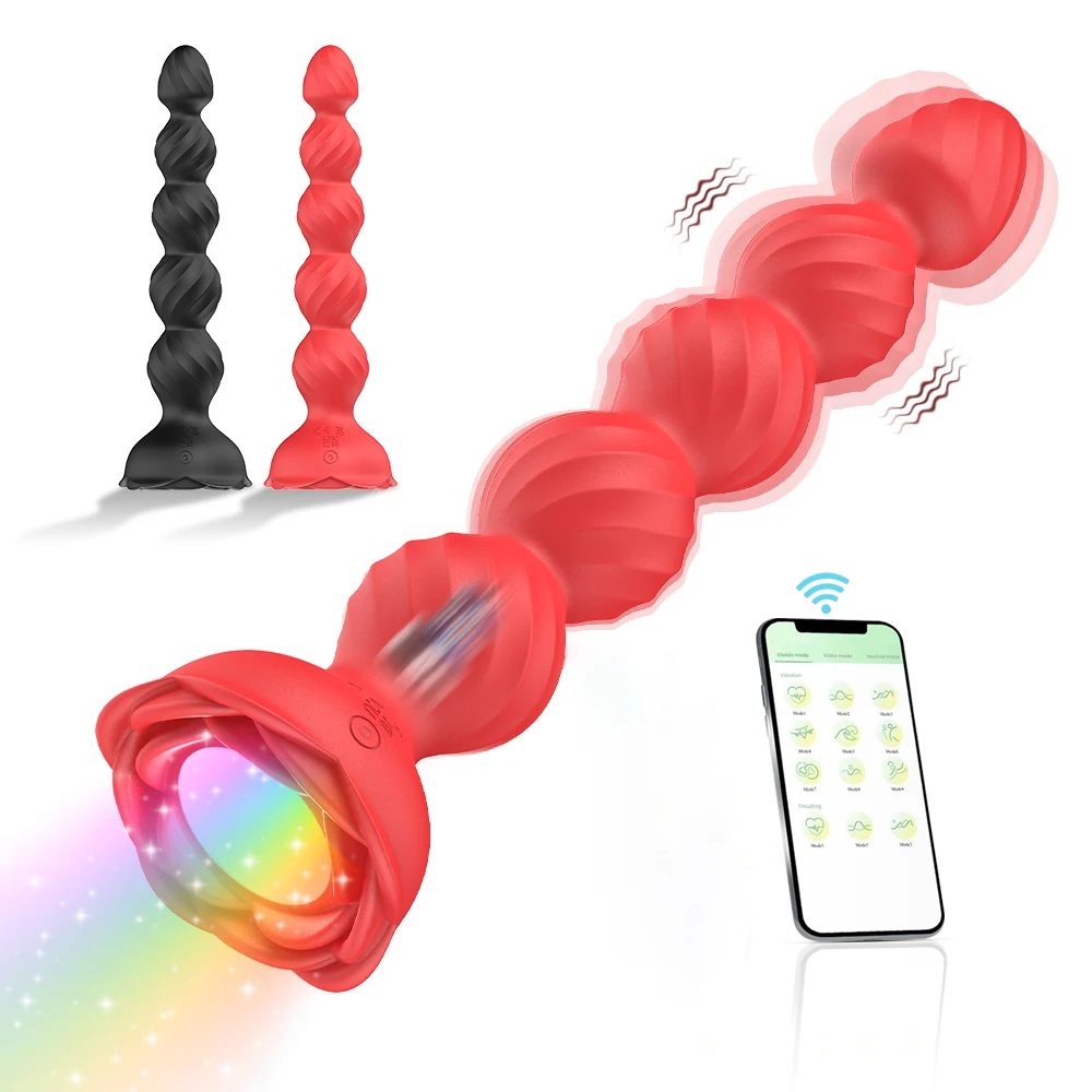 Rose Anal Beads Butt Plug Vibrators APP Bluetooth Control 9 Vibrating Modes Prostate Massager Silicone Adult Sex Toys for Couple