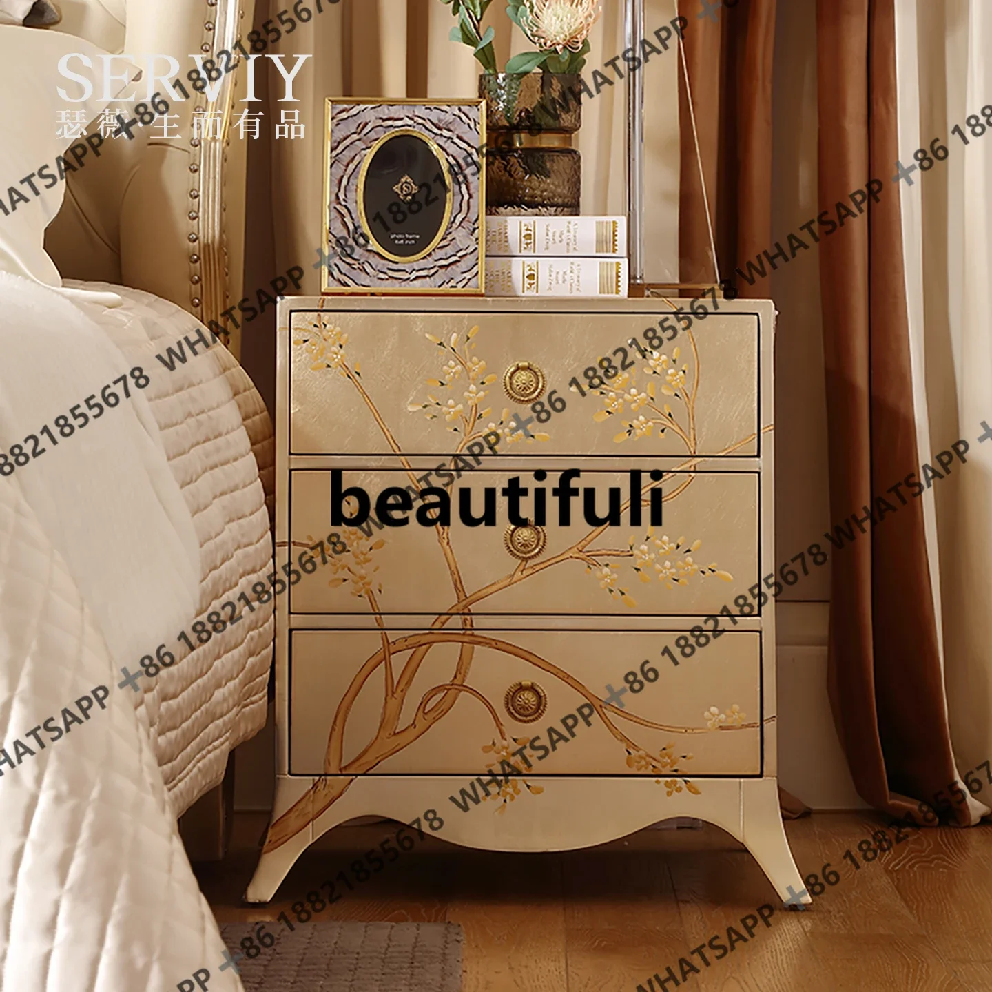 フランスのライトラグジュアリー無垢材彫刻フラワーベッドサイドテーブルヨーロッパの手描きマスターベッドルームベッドサイドテーブル付きSE1