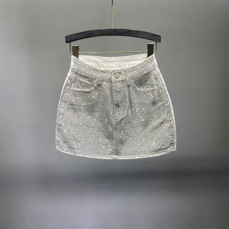 2024 New Rhinestone Denim Skirts Women Fashion Diamonds High Waist Hip-Wrapped A-Line Jean Mini Skirt Solid Party Club