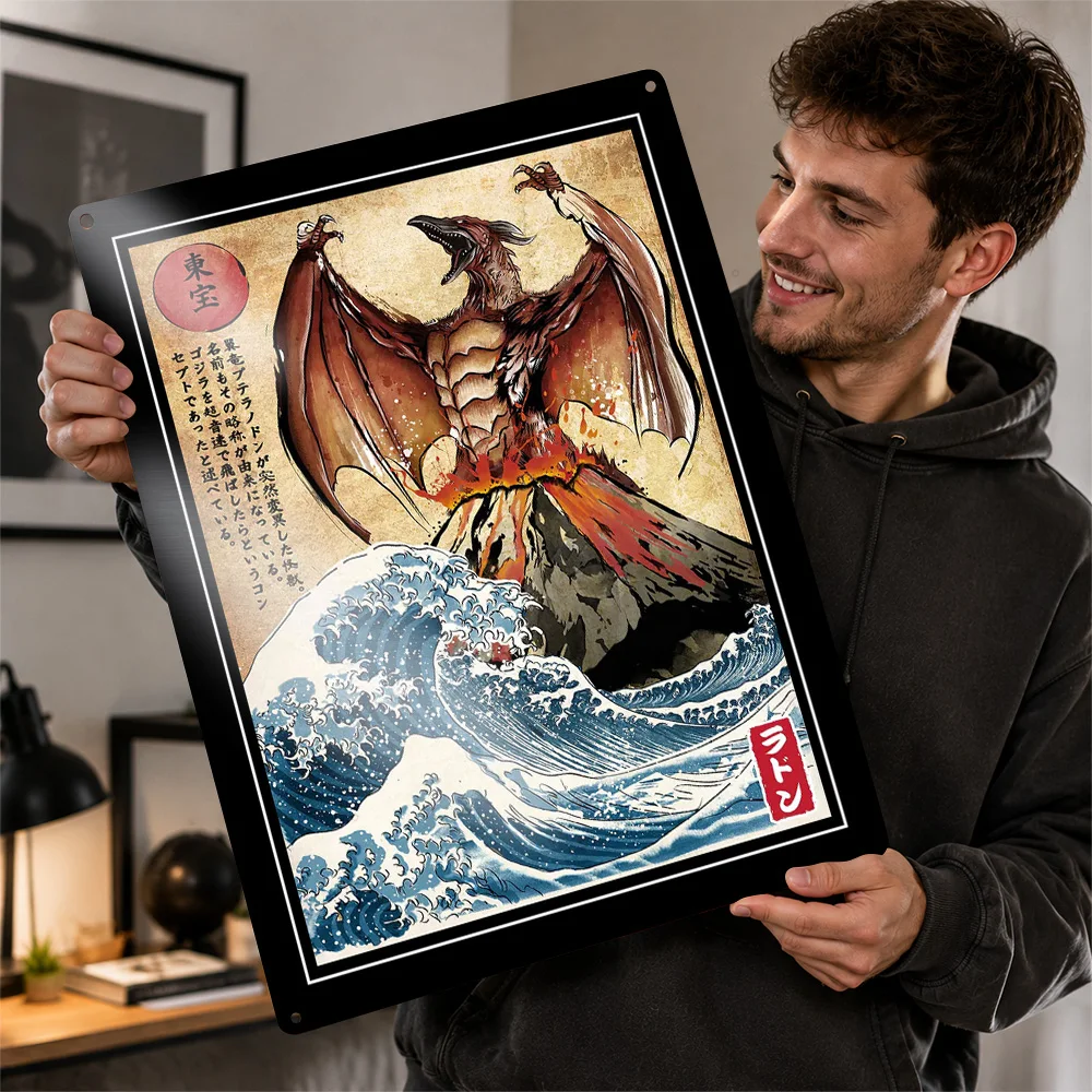 Rodan Above Japanese Waves And Volcano Aluminum Poster Fantasy Wall Art For Gaming Room Customized Metal Sign Housewarming Gift