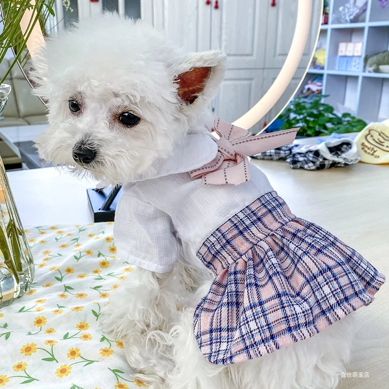 1PC Pet Clothing Cat Spring/Summer Thin Pink Grid Bow Student Princess Dress Suitable for Small and Medium Dogs